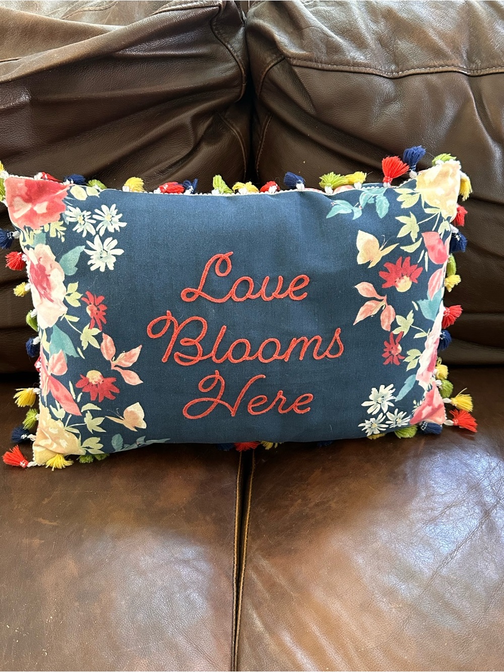 The Pioneer Woman “Love Blooms Here” Floral Tassel Pillow - Navy